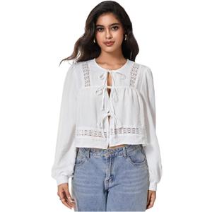 MakeMeChic Women's Boho Top Peplum Long Sleeve Shirt Tie Front Crew Neck Summer Blouse (White, XS)