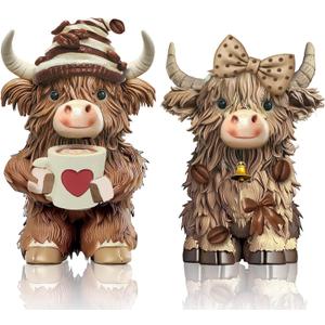 2 Pack Highland Cow Resin Figurine Decor Coffee Theme Highland Cow Gnomes Starfish Resin Statue for Garden Table Shelf Kitchen Home Coffee Bar Decor Calf Gnome Herd Gifts