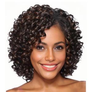 XIUFAXIRUSI XIUFAXIRUSI Short Curly Afro Wigs for Black Women Mixed Brown Kinky Curly Bob Wig with Side Bangs African American Synthetic Full Hair Wig