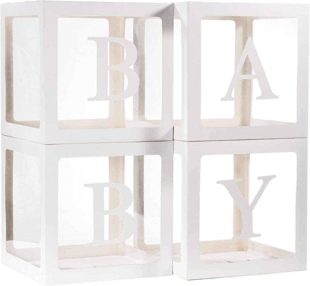 Baby Boxes with Letters for Baby Shower, 4 Transparent Balloon Boxes with 60 Letters & Numbers for Gender Reveal Decorations Birthday Wedding Party Grad Bridal Shower Backdrop, White