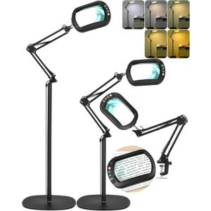 10X Large Rectangle Magnifying Glass with Light and stand, 5*3 Inch Real Glass 5 Color Modes Stepless Dimmable Arm Swing LED Floor Lamp, 3in1 Lighted Magnifier for Reading Painting Craft Close Work