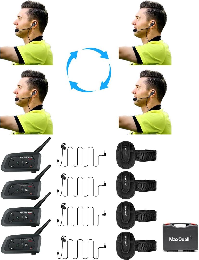 Maxquall Referee Communication System 4 Person, V4 Plus Referee Headset Football Wireless Bluetooth Soccer Intercom Built-in Pairing Memory-Latest Chip-Newly Designed Earpiece(4V4(L Earphone))