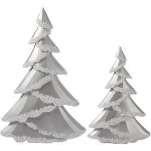 RM ROOMERS Christmas Tree Figurines Decor Wooden, Set of 2 Silver Christmas Trees Tabletop, Sparkling Glittered Xmas Tree Statues - Decorative Centerpieces for Desk, Mantel, Entryway, Home Decor