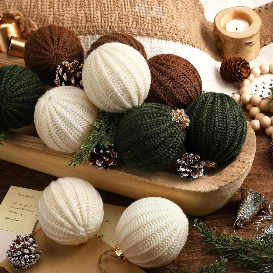 12 Pcs Neutral Crochet Christmas Ball Ornaments 3.15 Inch Rustic Knitted Xmas Tree Ornaments White Cream Brown Green Large Xmas Baubles Boho Modern Christmas Decor for Tree Farmhouse Decor