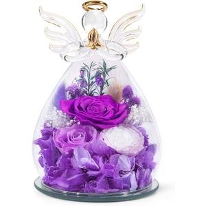 Gifts for Mom Birthday Gifts for Women Preserved Rose Forever Flower in Glass Angel Figurines Fresh Flowers for Delivery Anniversary Mothers Day Real Colorful Roses for Grandma Her Wife from Daughter (A-purple (Rose, Austin, Baby's Breath, Hydrangea))
