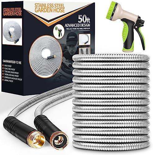 Garden Hose 50 ft, Stainless Steel Water Hose with 10 Function Nozzle Flexible, Heavy Duty, Lightweight, No-Kink, Pet Proof, Puncture Proof Hose Metal for Yard, Outdoor