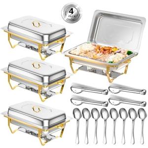 Keyoxy Chafing Dishes, 8 Qt High Grade Buffet Set, Full Size Pan, Rolled-Edge Design Food Warmers for Parties, Wedding, Birthday, Camping 4 Pack (Half Gold)