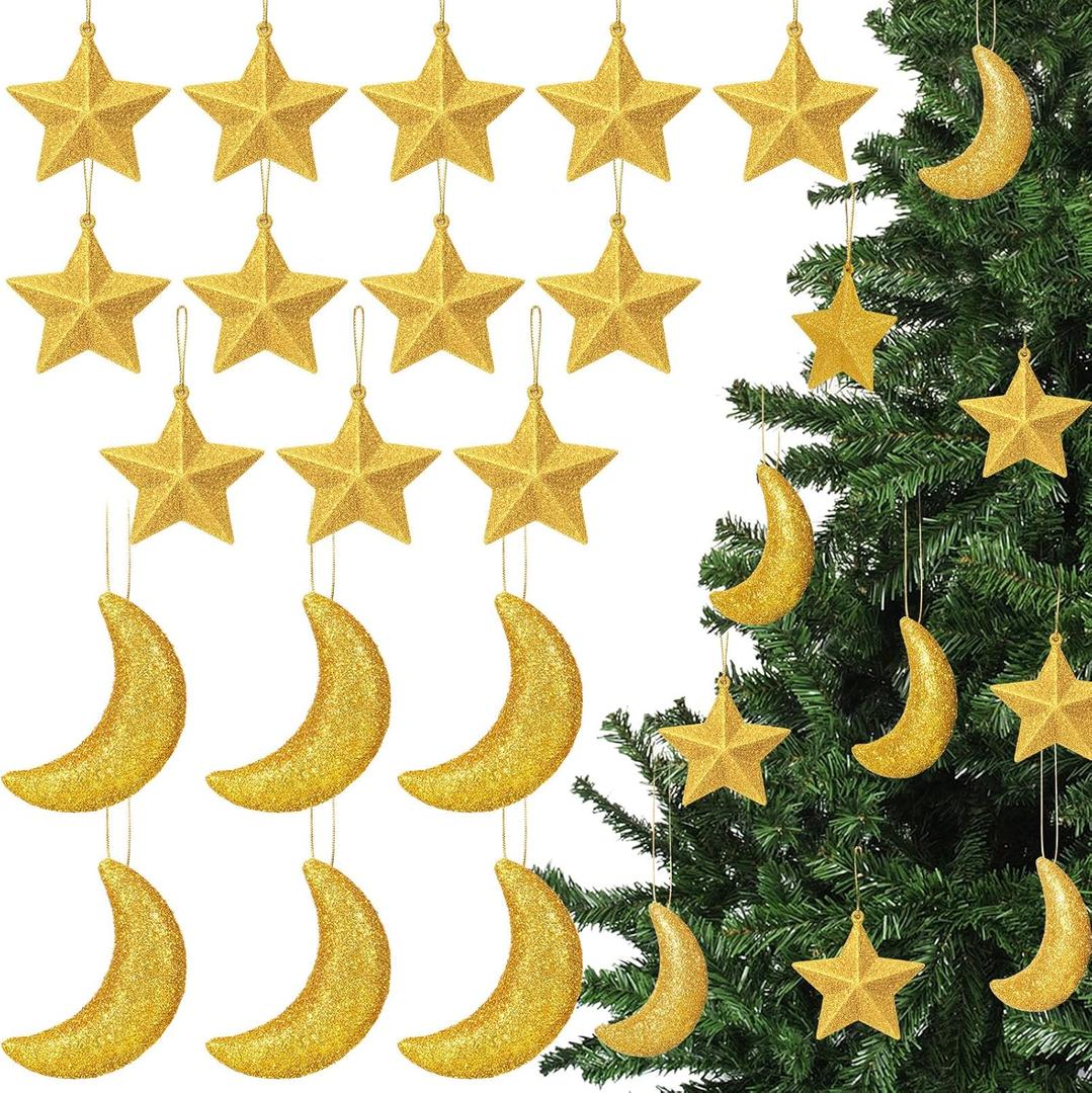 Soulchen 18 Pcs Glitter Star and Moon Christmas Gold Hanging Ornaments Set Christmas Celestial Ornaments Holiday Tree Decorations for Xmas Party Garland and Winter Decor