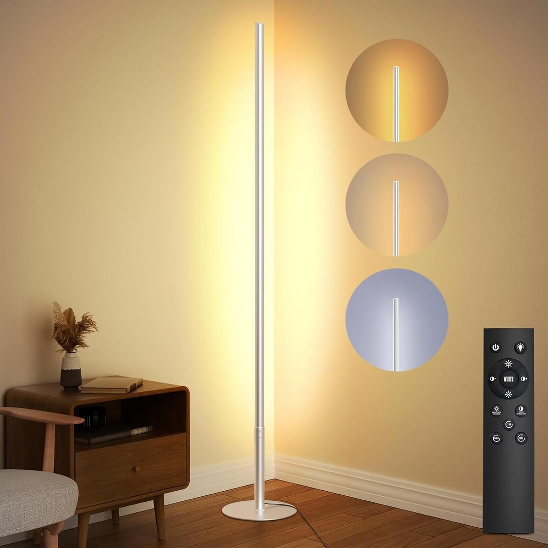 LED Corner Floor Lamp for Living Room, Minimalist Light with Remote Control, Stepless Adjustable 2700k-6500k Colors & Brightness, Modern Reading Bright Light, 58" Standing Lamp for Bedroom Home Office (Silver)