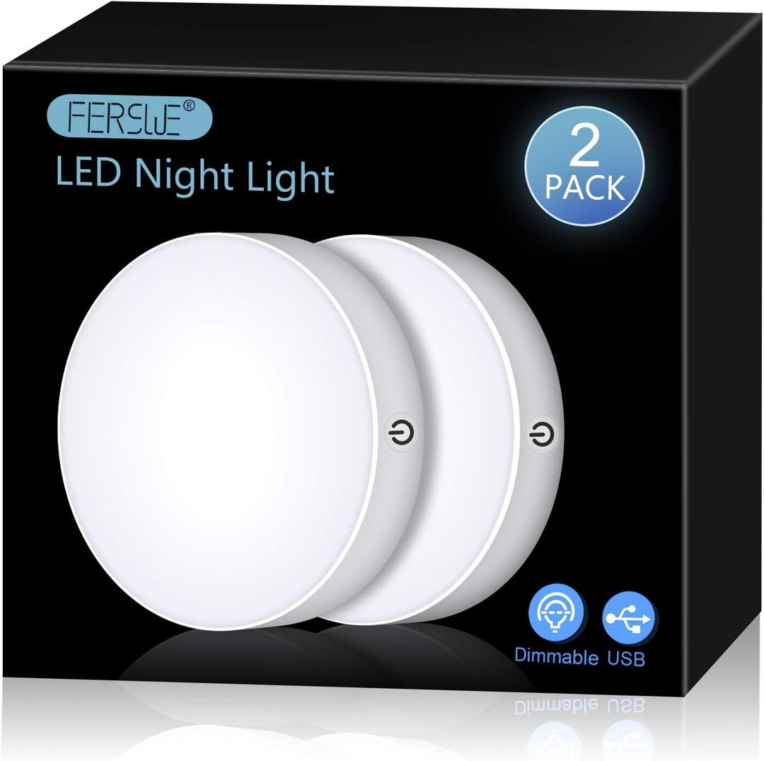 Ferswe Rechargeable Tap Lights, Dimmable Touch Night Lights with 1000mAh Large Battery, Stick on Light for Closet, Bedroom, Bathroom and Cabinet (2 Pack)