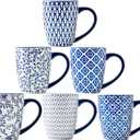 Ceramic Coffee Mugs Set - 16 Oz Large Porcelain Tea Cups with Handle for Men Women Latte Cocoa Cappuccino - Christmas Housewarming Gift - Dishwasher Safe - Set of 6 - Vintage Blue