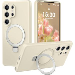Liquid Silicone Case for Samsung Galaxy S25 Ultra with Magnetic Stand, Mil-Grade Drop Shockproof, Full Camera Protection Anti-Scratch Microfiber Lining Silicone Phone case, Beige