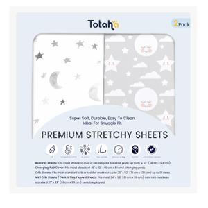 TotAha Premium Stretchy Crib Sheets (2-Pack)-Hypoallergenic, Silky Comfort, Buttery Soft, Calming Effect, All-Season Jersey-Knit Sheets, 9'' Extra Deep Pocket, Moon & Grey Sky