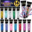 AROIC 14 Colors Body Glitter, Face & Hair Glitter Gel Set for Festival, Eye Shimmer for Women Glow in the Dark Rave Accessories Party Supplies, Face Paint Hair/Cheek/Eyelid Sparkle Makeup-18ml/Tube