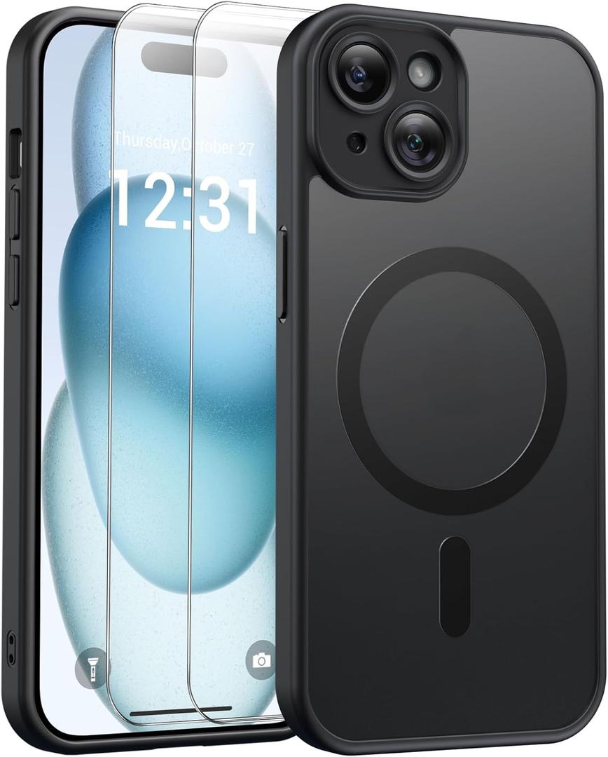 for iPhone 15 Case,Magnetic with [2 Tempered Glass Screen Protector] [Full Camera Protection] [Translucent Matte] Shockproof Protective Phone Case for iPhone 15, Black