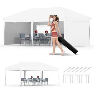 GarveeLife 10x20 Pop Up Canopy with 4 Sidewalls - Heavy Duty Outdoor Canopy Tent with Portable Roller Bag - 3 Adjustable Height, 4 Weight Bags, 8 Stakes & 6 Guy Ropes Included, White