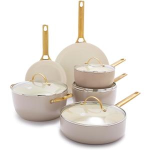 GreenPan 10 Piece Cookware Set, Non-Toxic PFAS-Free Hard Anodized Healthy Ceramic Nonstick, Stainless Steel Gold Handle, Glass Lids, Dishwasher Safe, Oven & Broiler Safe, Taupe Brown