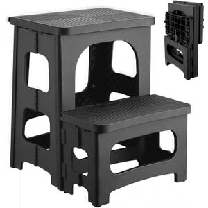2 Step Stool Foldable, Non-Slip Steps, Folding Step Stool for Adults & Kids, Plastic Stool Pool Ladder, Collapsible Stools 2 Step Ladder for Kitchen Toilet Bedroom Office RV, Holds 330 lbs (Black)