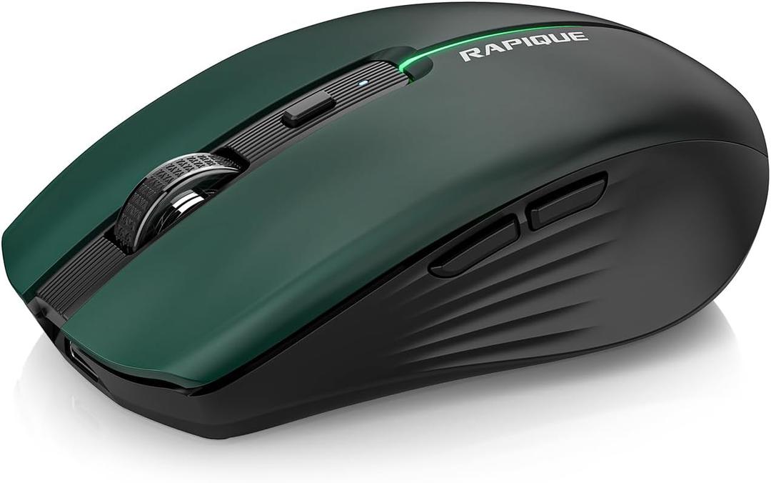 RAPIQUE Bluetooth Wireless Mouse  Bluetooth 5.1 & 2.4G Dual Connectivity, Rechargeable USB-C, Silent Click, Ergonomic 6-Button for Windows/macOS/Android/iOS/Laptop/MacBook(Green-to-Black)