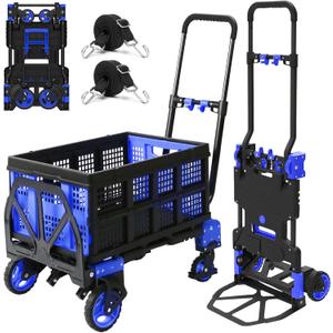 Oyoest 2 in 1 Folding Hand Truck with Folding Basket,Heavy Duty Hand Truck Dolly 330lbs Capacity with Telescoping Handle and Rubber Wheels,Portable Dolly Cart with Bungee Cords for Moving