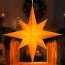 Tuanse 24 Inch Large Paper Bethlehem Star Lantern 3D Christmas Diwali 8 Pointed Hanging Decorations with LED String Lampshade Pendant Xmas Lamp Ornament for Wedding Birthday Party Holiday Decor(Gold)