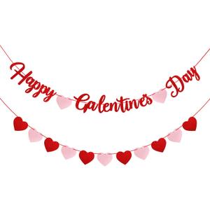 Red Glittery Happy Galentines Day Banner and Red Pink Glittery Heart Garland Banner Romantic Decorations No DIY Valentines Day Bunting Photo Props Girls Party Favors Ladies Galentines Theme Decor