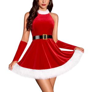 RSLOVE Christmas Costumes for Women - Velvet Halter Neck Santa Dress 4PCS Holiday Outfits with Belt Long Gloves, M