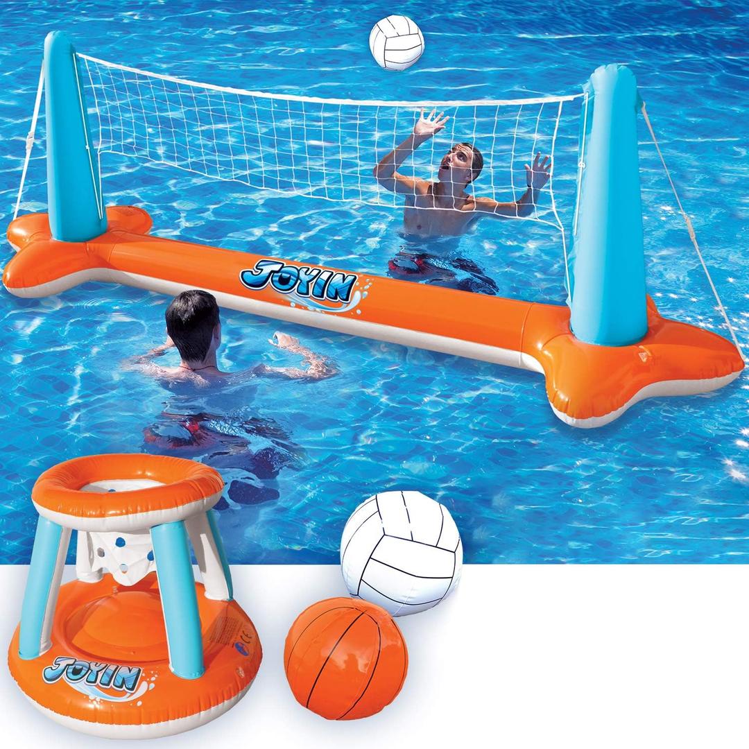 JOYIN Inflatable Pool Float Set Volleyball Net & Basketball Hoops, Floating Swimming Game Toy for Kids and Adults, Summer Floaties, Volleyball Court (105x28x38)|Basketball (27.6x23),L-Orange