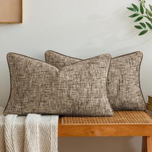 a moment Brown Reversible Pillow Covers 2 Pack - Farmhouse Chenille Throw Pillows, Neutral Textured Decorative Throw Pillow Covers with Border for Couch Sofa Bed (12x20 Inch, No Insert)