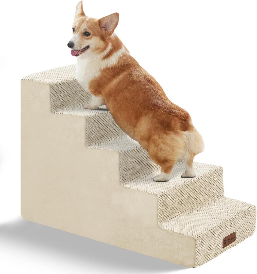 Dog Stairs for Small Dogs Pet Stairs for Sofa Couch Dog Ramp Pet Steps with Removable Washable Cover, Beige, 22" H, 5-Step