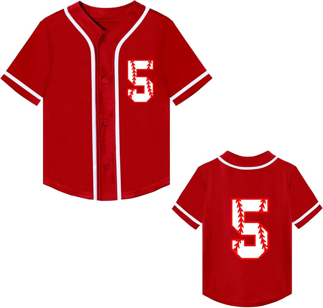 Mowbeat Toddler Baseball Jersey Kids 5 Year Old Birthday Shirt Boy 5th Birthday Party Short Sleeve Button T Shirts (Red, Size 4)