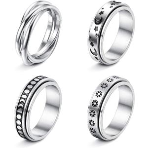 FUNRUN JEWELRY Stainless Steel Fidget Anxiety Ring for Women Men Fidget Spinner Rings Moon Star Celtic Stress Relieving Spinning Ring Wedding Band Rings Set,4-6Pcs (Silver Tone)
