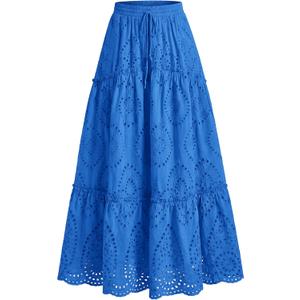 BTFBM Long Skirts for Women Summer 2026 Boho Lace Embroidery High Waist Flowy Tiered Spring Maxi Skirt Beach Vacation (Medium, Blue)