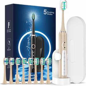 Rtauys M5 Sonic Electric Toothbrush for Adults and Kids - Rechargeable Electric Toothbrush Kids Ages 12+ and Adults with 8 Brush Heads & Travel Case, 120 Days Battery Life - Gold