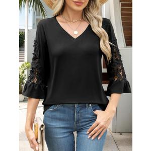 Blouses for Women Dressy Casual 3/4 Length Sleeve Womens Tops V-Neck Tunic Top Summer Lace Ladies Tops (Large, Black)