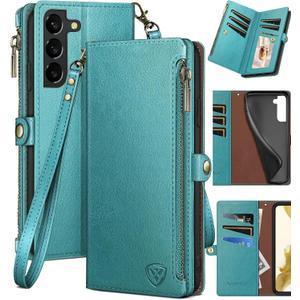 XcaseBar for Samsung Galaxy S22 Plus Wallet case with Zipper Credit Card Holder【RFID Blocking】, Flip Folio Book PU Leather Phone case Shockproof Cover Women Men for S22 Plus case Blue Green