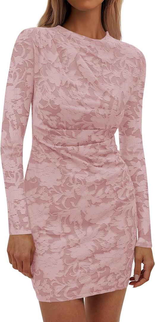 PRETTYGARDEN Women's Fall Bodycon Dresses 2026 Sexy Long Sleeve Ruched Lace Floral Mini Party Dress Tight Club Outfits, Large
