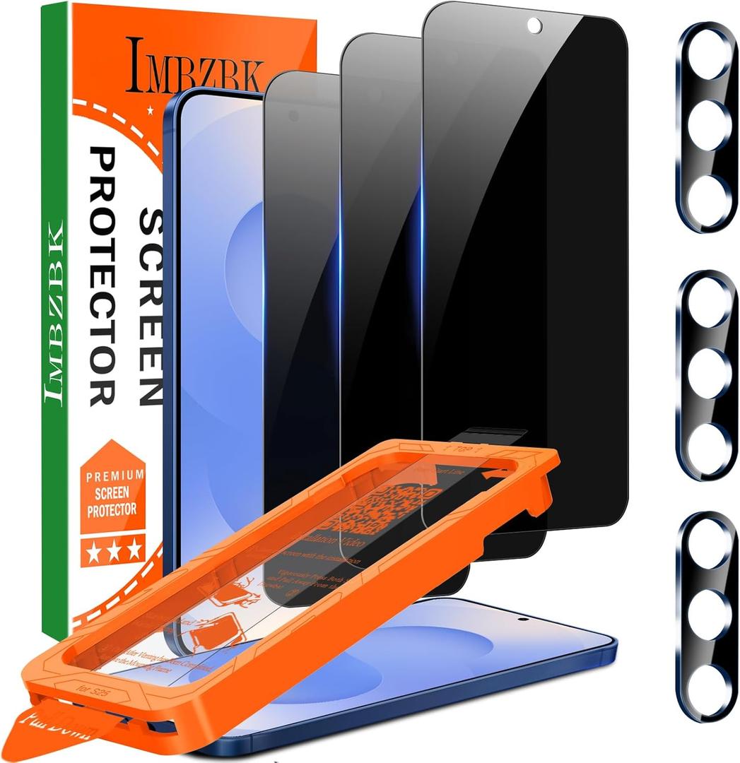 IMBZBK [Auto-Dust Removal] 3 Pack Privacy Screen Protector for Samsung Galaxy S25 [Phone Case Friendly], 3 Anti Spy Tempered Glass Camera Lens Protector Accessories, Military Grade Shatterproof