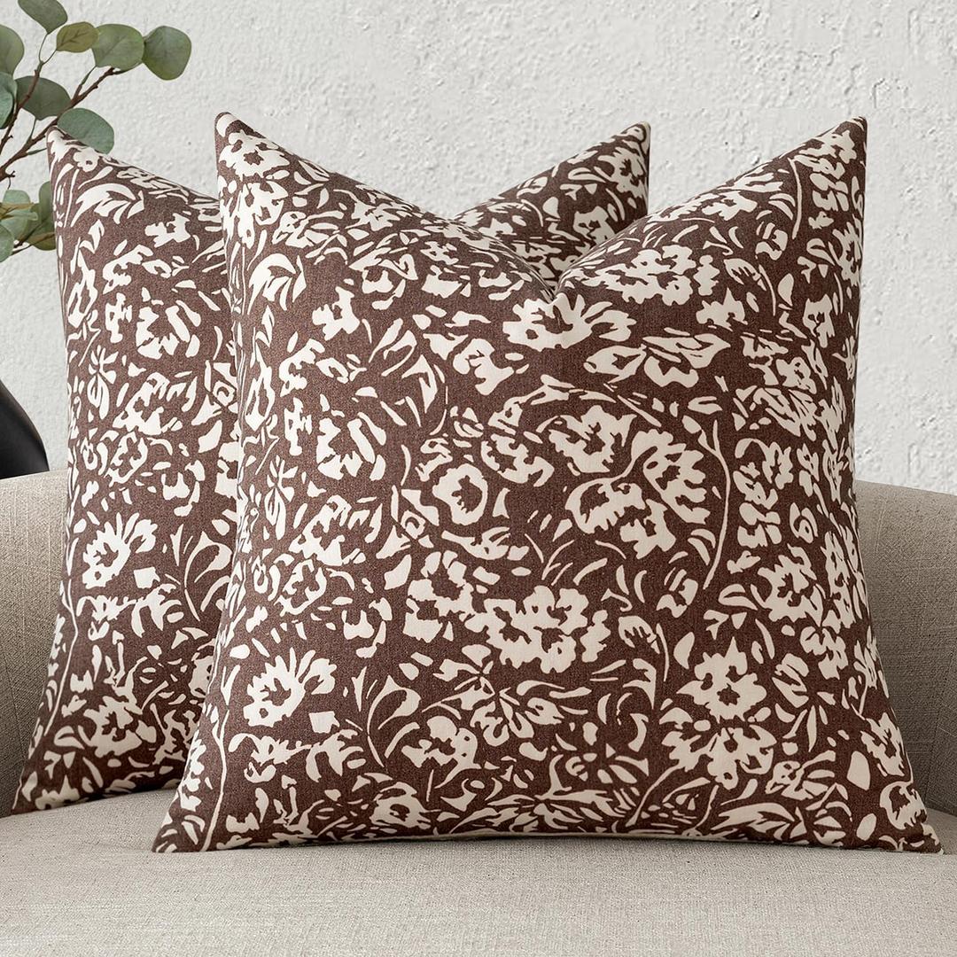 MIULEE Floral Pillow Covers 20x20 Set of 2, Neutral Linen Decorative Throw Pillow Covers for Sofa Couch Outdoor Living Room, Farmhouse Cushion Covers, Brown
