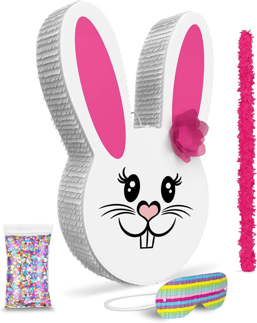 Girl Easter Bunny Piata Bundle 17x10x 3 with stick, blindfold and a small confetti bag Perfect for Easter Sunday Celebration, Bunny Theme Parties, Party Dcor