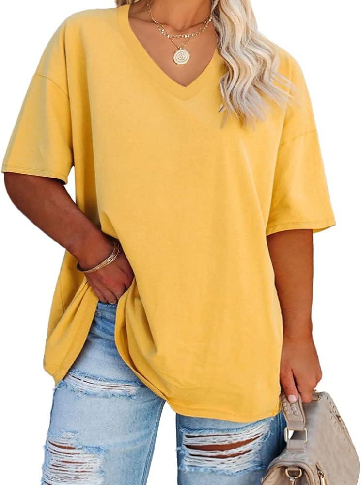 Fisoew Women's Plus Size V Neck T Shirts Summer Half Sleeve Tees Casual Loose Fit Cotton Tunic Tops, 4XL