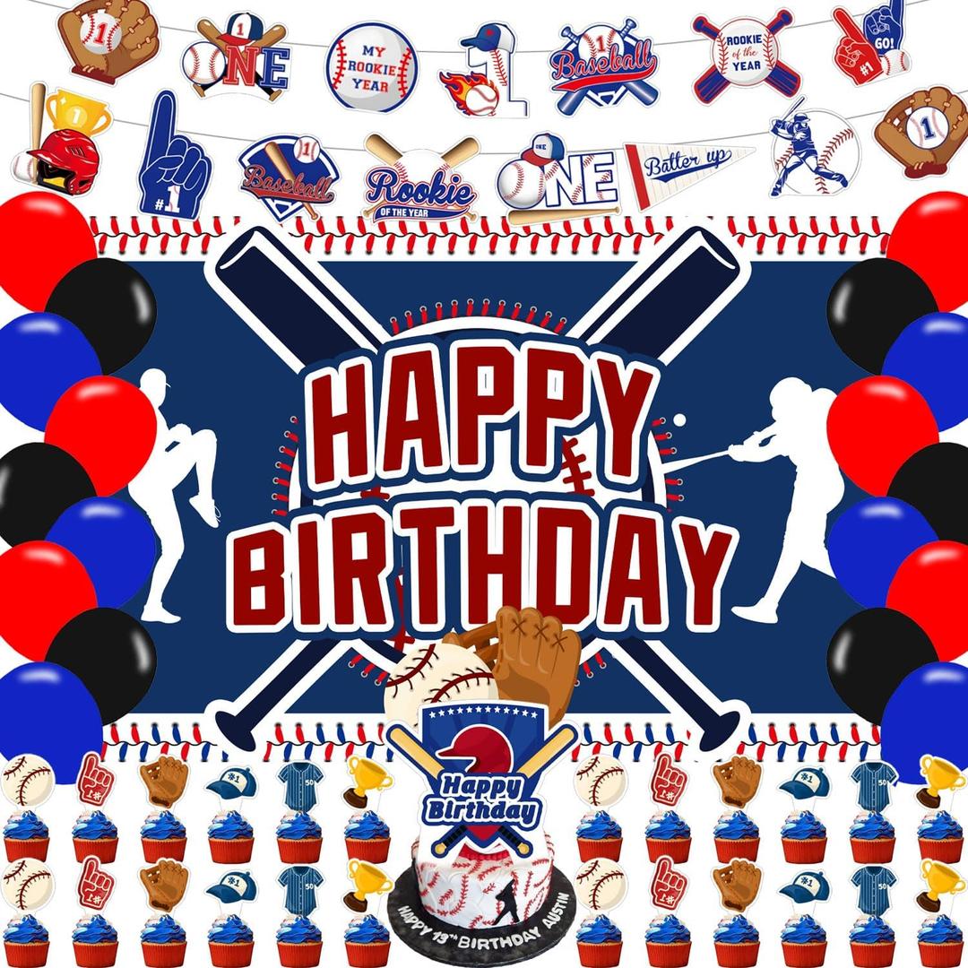 Baseball 1st Birthday Party Decorations for Boy Girl, Rookie of The Year First Decorations Set ,One Year Old Party Supplies With Backdrop, Balloon , Banner, Cake Topper