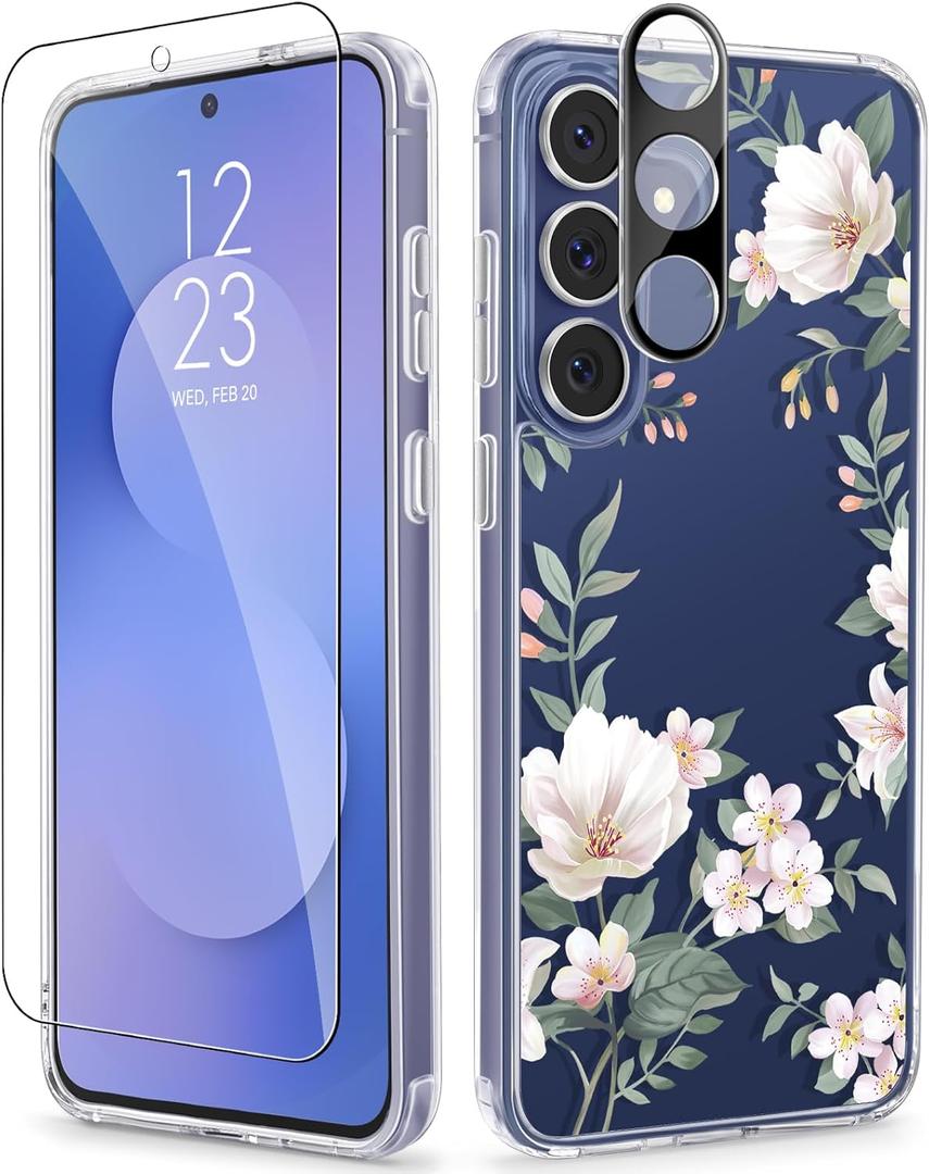 GVIEWIN for Samsung Galaxy S25 FE Case, with Screen & Camera Lens Protector, [Military-Grade Protection][Non Yellowing] Clear Floral Shockproof Protective Case for Women (Magnolia/White)