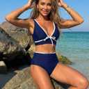 ZAFUL Womens High Waisted Bikini Sets Sexy V Neck Two Piece Swimsuit Cute Bow Ruched Bathing Suit (Blue, M)