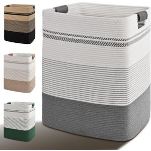 Laundry Hamper, 95L Tall Laundry Basket with Leather Handles, Rectangle Large Clothes Hamper for Organizing, Cotton Woven Laundry Baskets Storage Hampers for Bedroom, Nursery, Living Room (Grey)