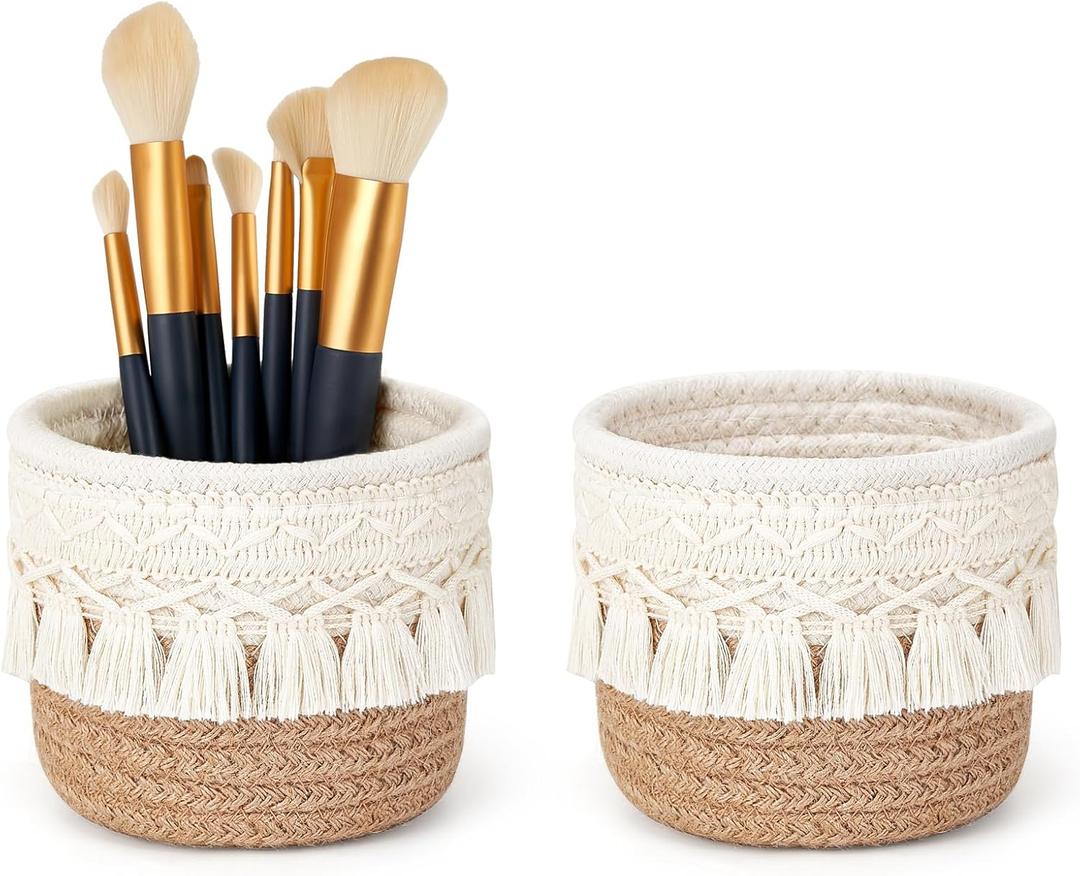 Mkono Macrame Makeup Brush Holder Organizer Comb Brushes Mini Storage Basket Set of 2 Boho Decor Baskets for Pen Pencil Box Container,Yellow and White (Brown)