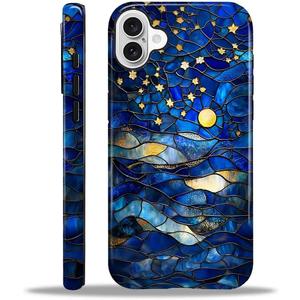 Compatible with iPhone 16 Case,Hybrid 2-Layer Hard Shell Silicone Case Scratch Resistant Shockproof Cover Aesthetics Stained Glass Stars Moon