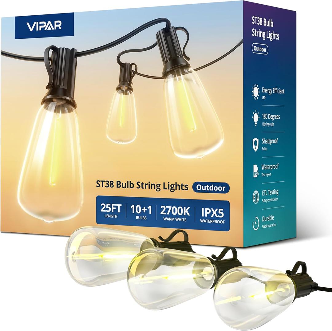 VIPAR Outdoor String Lights 25FT LED Patio Lights IPX5 Waterproof with 10+1 ST38 Shatterproof Edison Bulbs, 2700K Connectable Outside Hanging Light for Porch, Garden, Backyard, Deck, Balcony, Decor