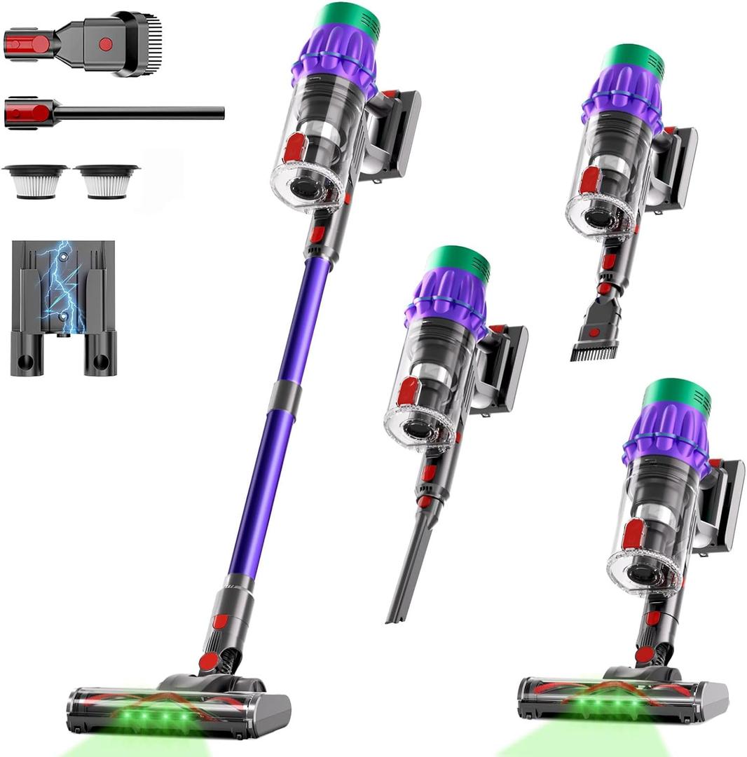 Cordless Vacuum Cleaner, 650W 55KPA 70Min Wireless Vacuum for Home, Stick Vacuum with Green Light Anti-Tangle, Rechargeable Vacuum Cleaners for Pet Hair Carpet Hard Floors Purple