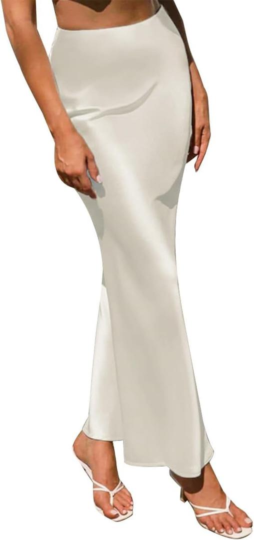 Women's Spring Summer Satin Silk High Waist Ruffle A Line Long Maxi Skirt Tulip Hem Skirts (Medium, White)